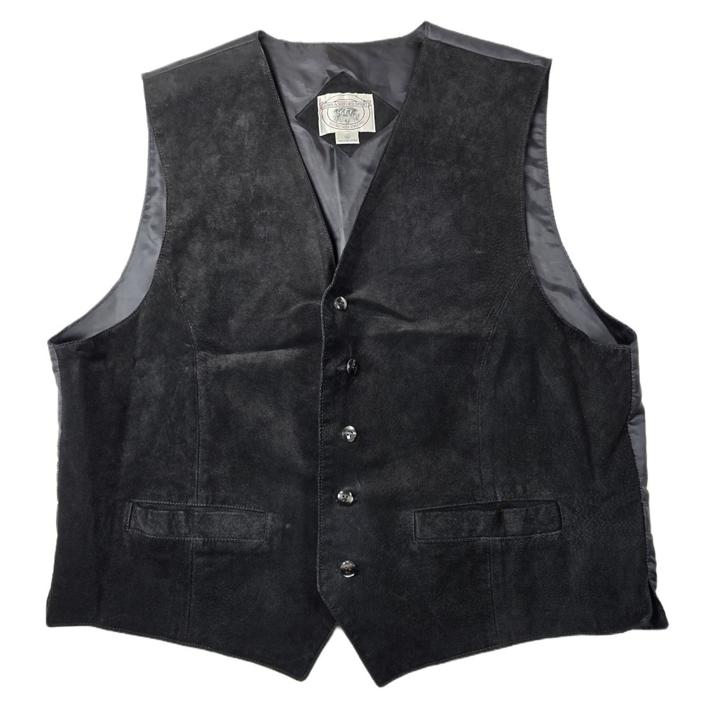 John Ashford Suede Leather Sport Vest Mens XL Black Nylon Back Cinch Waistcoat